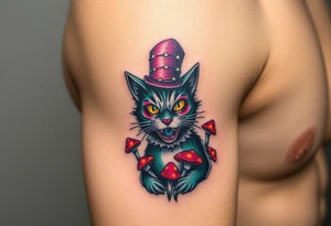 coloured cheshire cat, with top hat and mushrooms tattoo idea