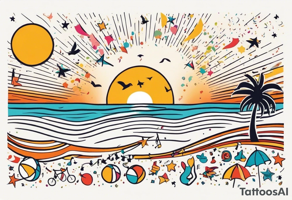 1970'S BEACH PARTY 
party, include confetti, music notes, 
, bikinis sunset in the center tattoo idea