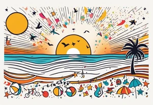 1970'S BEACH PARTY 
party, include confetti, music notes, 
, bikinis sunset in the center tattoo idea