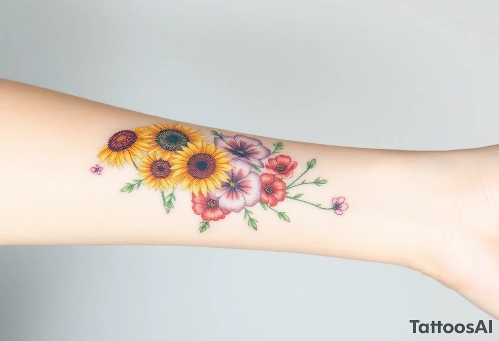 Small watercolour bouquet of wild flowers including Lilly stargazers, sunflowers, poppies and peonies to be placed on forearm tattoo idea