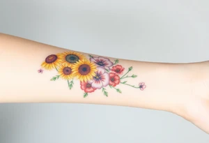 Small watercolour bouquet of wild flowers including Lilly stargazers, sunflowers, poppies and peonies to be placed on forearm tattoo idea