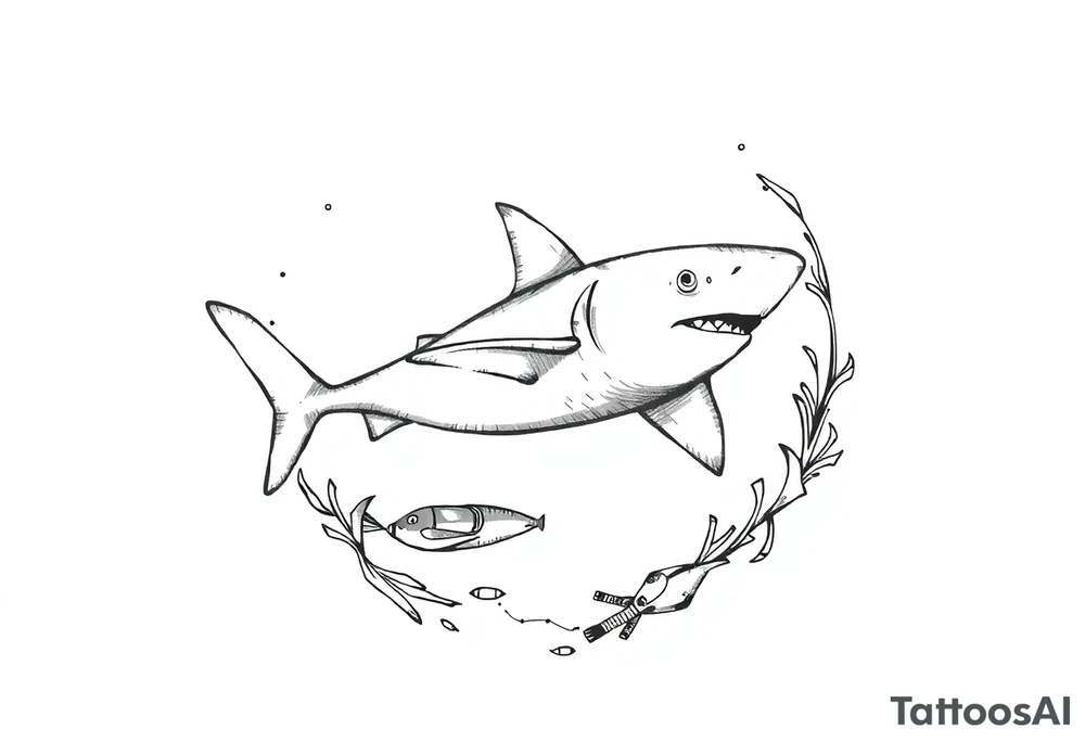 Generate a dive scene including a smaller shark circling a diver tattoo idea