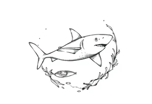 Generate a dive scene including a smaller shark circling a diver tattoo idea