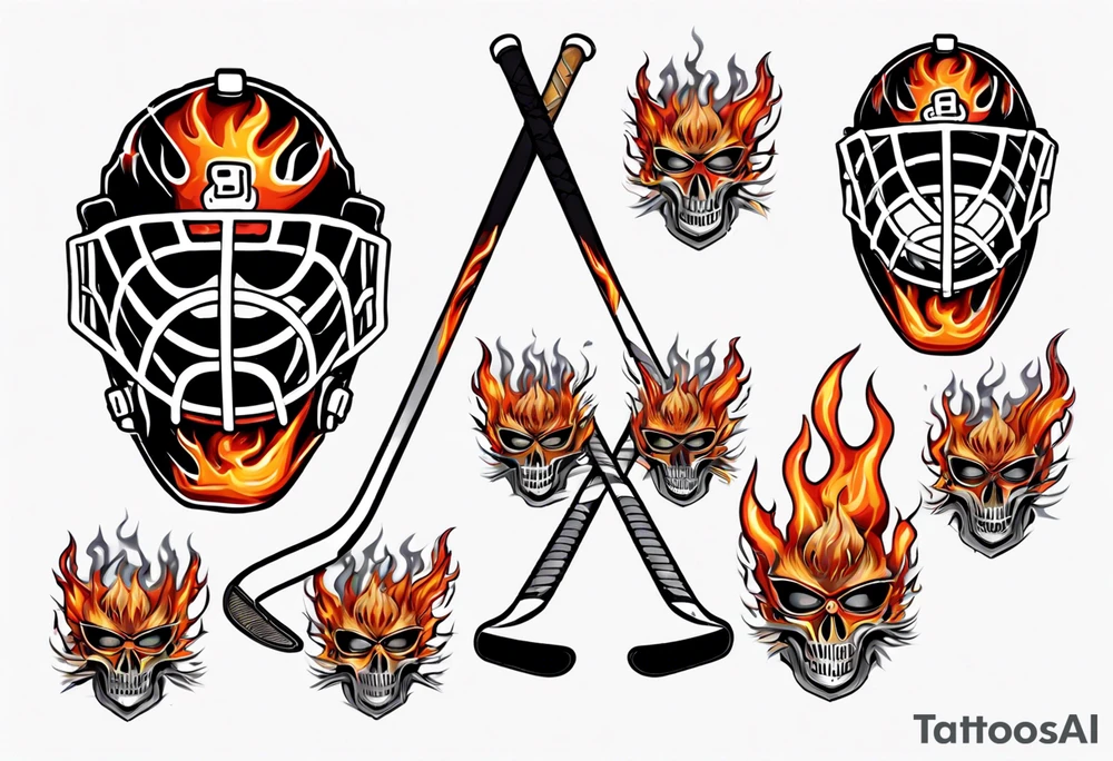 a goalie mask and crossed hockey sticks with flames that says "SHOT HOCKEY" tattoo idea
