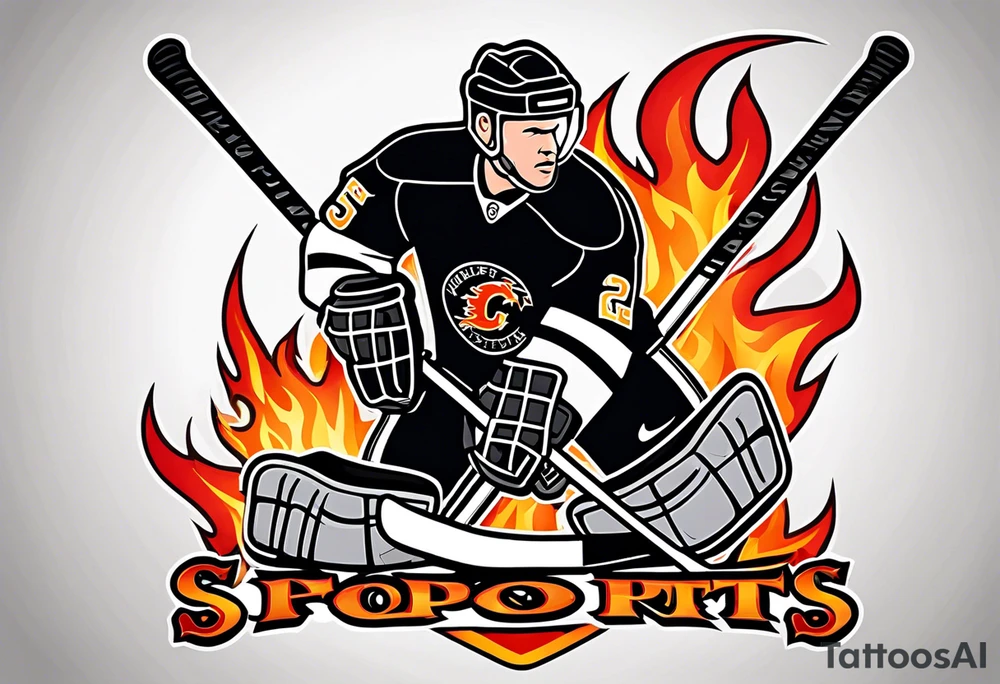 puck with crossed hockey sticks in the background and flames that says "SHOT SPORTS" tattoo idea