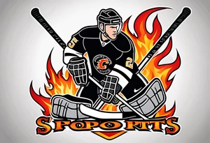 puck with crossed hockey sticks in the background and flames that says "SHOT SPORTS" tattoo idea