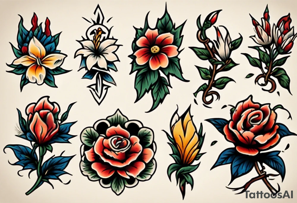 Three American traditional flowers tattoo idea