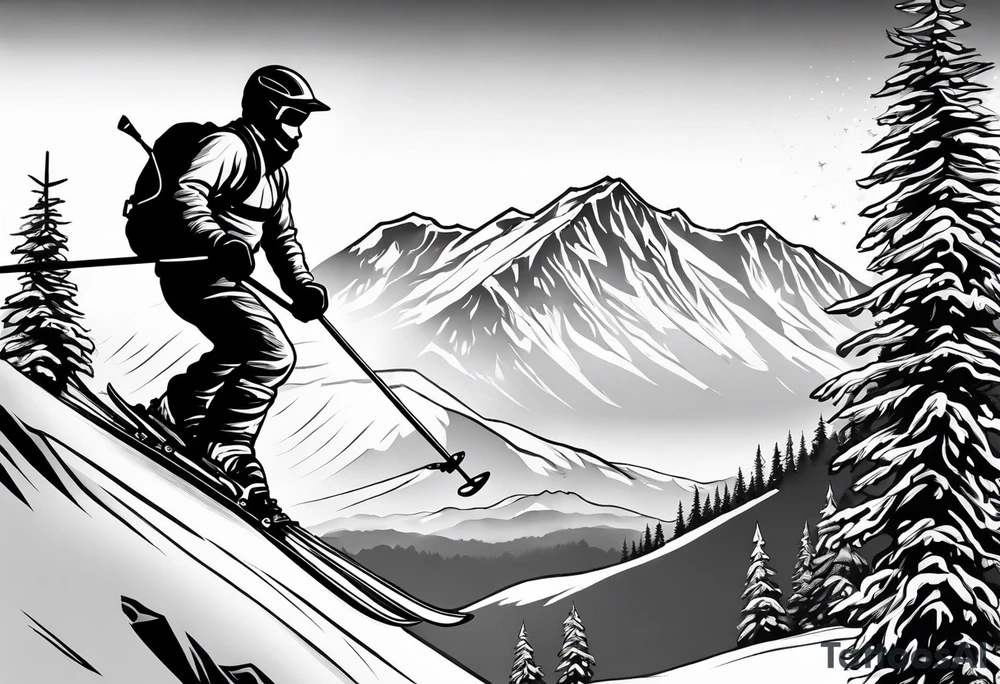 snow skier coming off cliff with trees and mountains tattoo idea