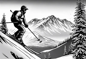 snow skier coming off cliff with trees and mountains tattoo idea