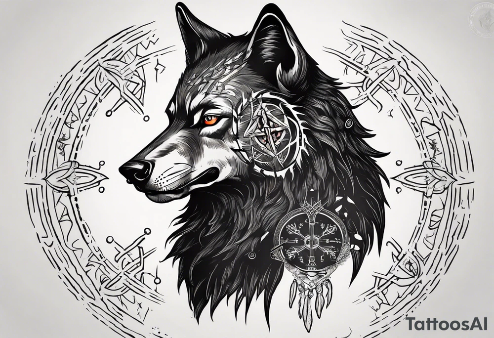 Black wolf with Vegvísir on its forhead tattoo idea