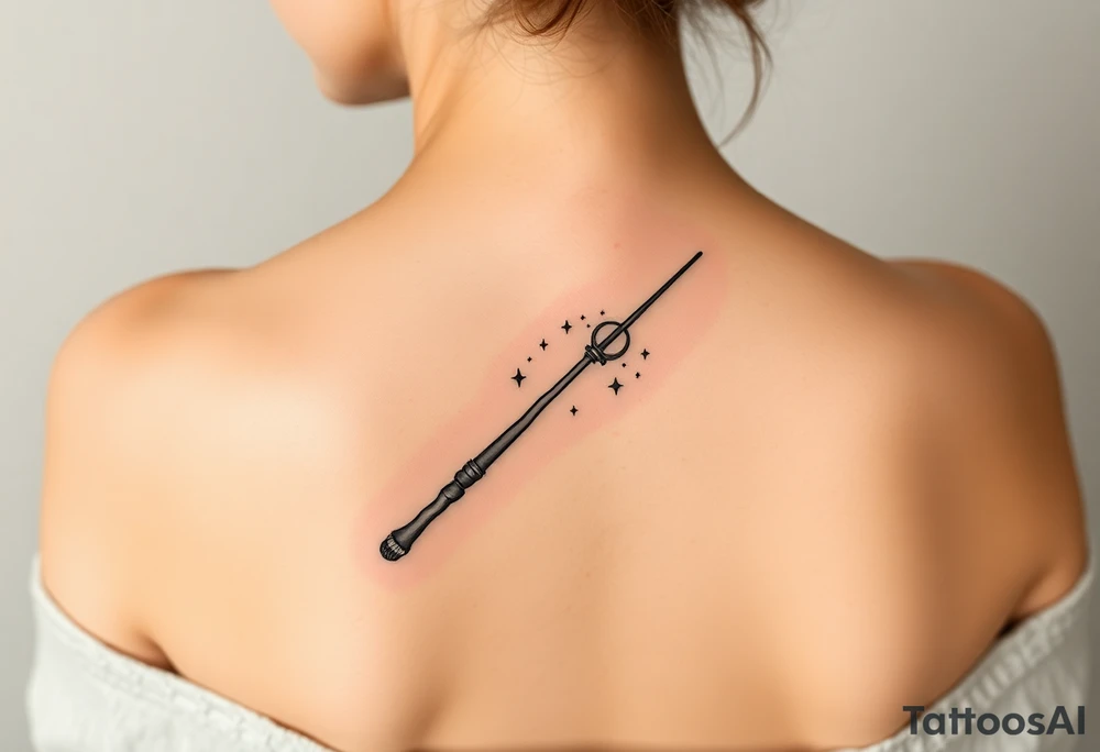 A magic wand (hermione's) with magic dust all around it and a ladybud exiting the wand like a magic spell, and some small detail around it that would do a piggyback on harry poter like a lightning, harry's glasses, the golden snitch etc... tattoo idea
