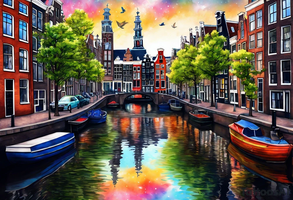 Animals, pineapples, stags, birds, foxes, Amsterdam, canal, Amsterdam buildings, Amsterdam canal, space, galaxy colours, universe tattoo idea
