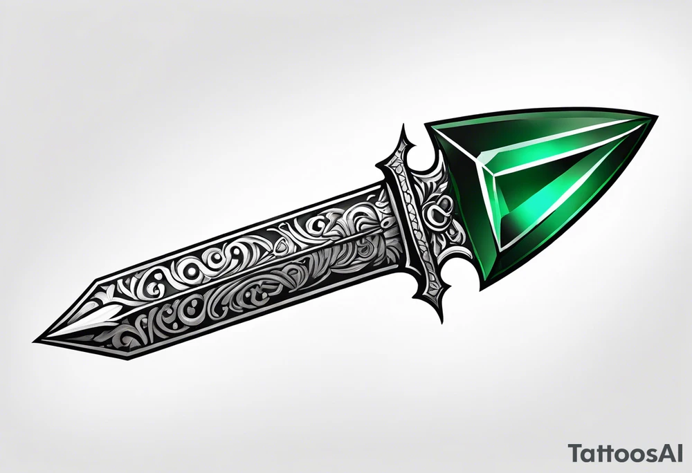 An athame dagger with the hilt turned upward and an emerald gemstone on the hilt not on the blade tattoo idea
