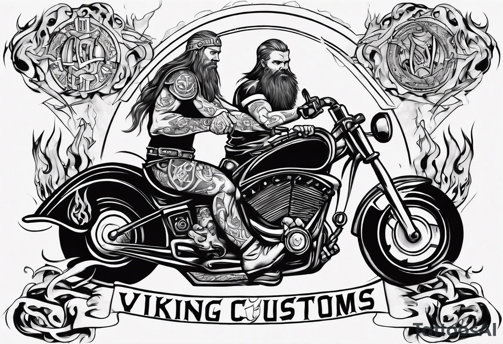 I want a detailed tattoo of a viking and a girl working on a motorcycle surrounded by flames with the company name “Viking Customs” incorporated in the design tattoo idea