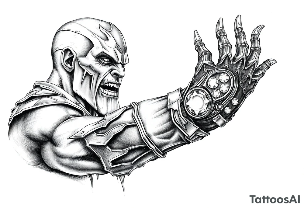 thanos with infinity gaulet filled with infinity stones fighting avengers tattoo idea