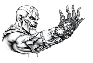 thanos with infinity gaulet filled with infinity stones fighting avengers tattoo idea