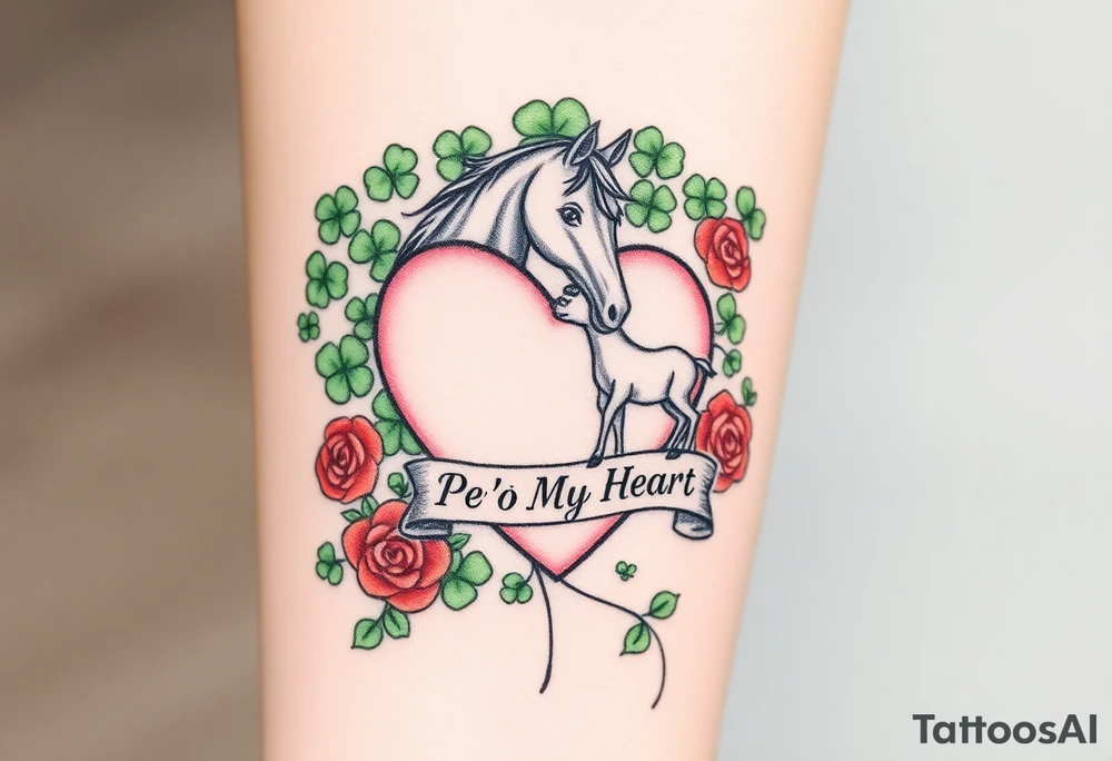 a big pale pink heart and a mare and a colt in a huge patch of green shamrocks, and red roses with a banner across the heart that says Peg 'o My Heart tattoo idea