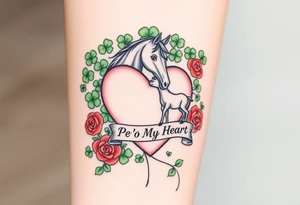 a big pale pink heart and a mare and a colt in a huge patch of green shamrocks, and red roses with a banner across the heart that says Peg 'o My Heart tattoo idea
