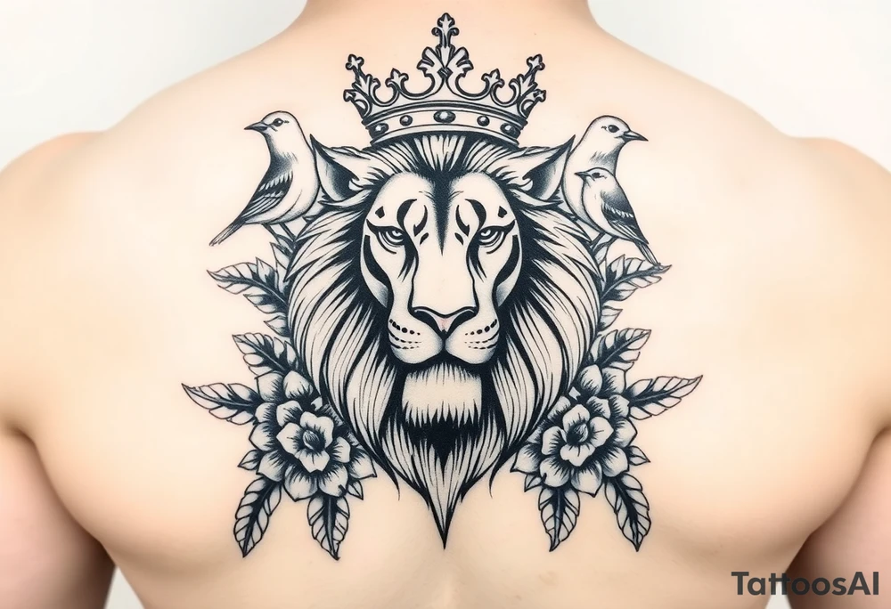 powerful majestic lion with a crown, surrounded by floral ornaments and birds tattoo idea