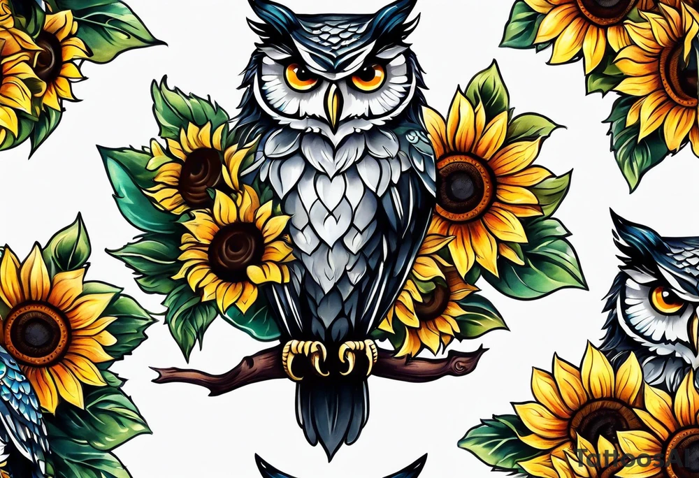 Leg sleeve with colorful sunflowers and an owl tattoo idea