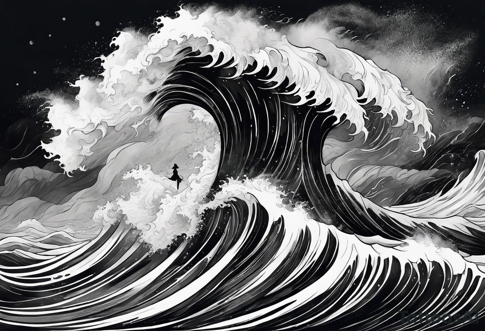 stormy sea waves, full-length woman in the middle of the storm tattoo idea