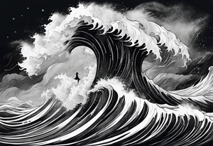 stormy sea waves, full-length woman in the middle of the storm tattoo idea