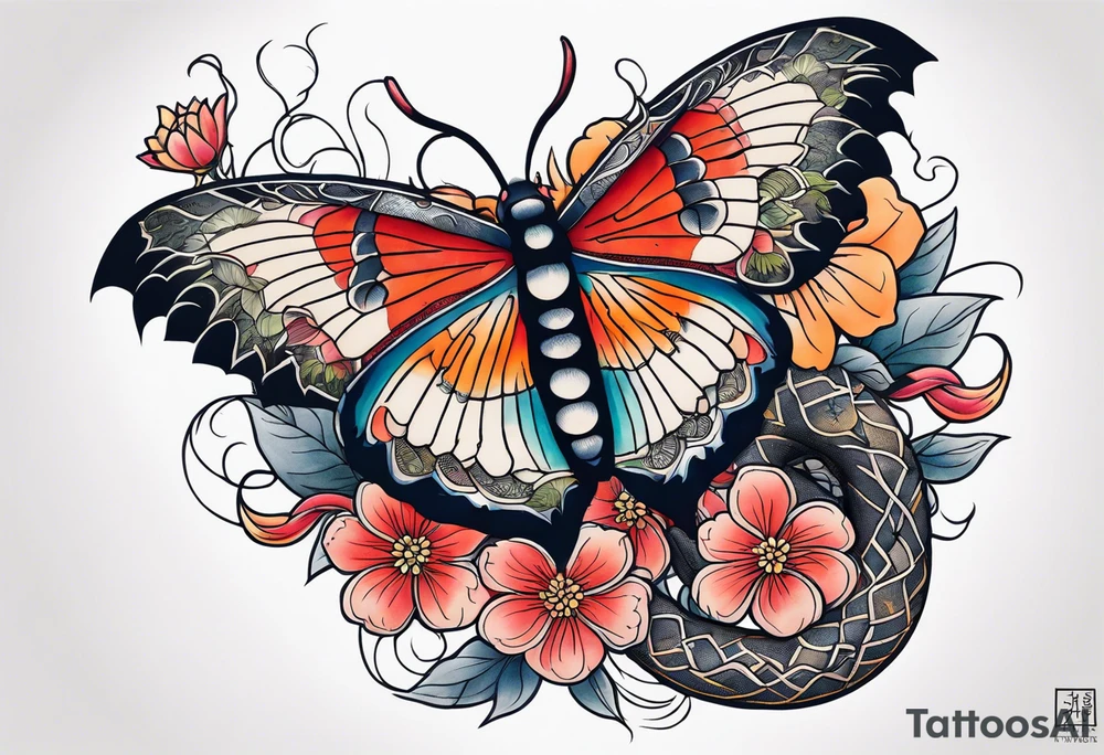 Moth, moon, snake, flowers tattoo idea