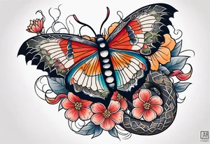 Moth, moon, snake, flowers tattoo idea