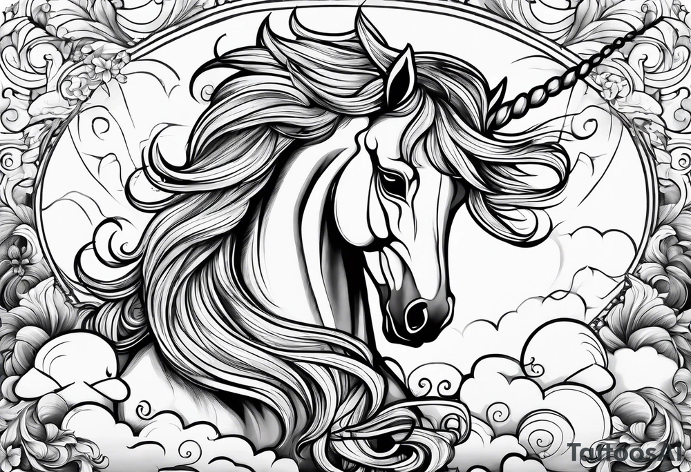 Whimsical unicorn in clouds tattoo idea