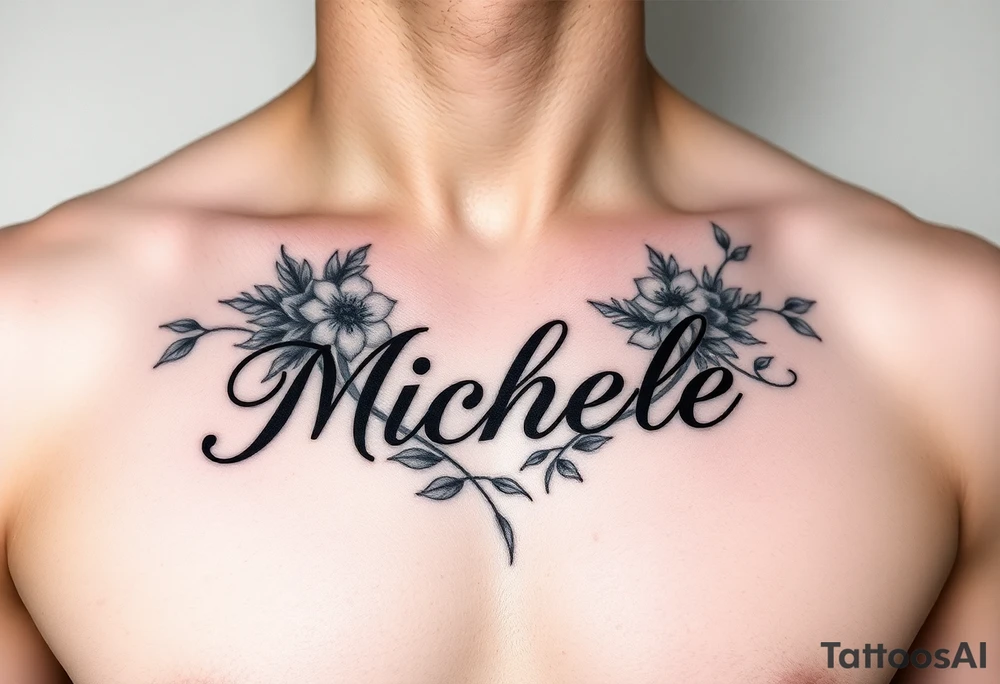 Design a tattoo for a man’s chest of a woman’s name Michelle to be placed over his heart. Make the tattoo tasteful and elegant. Incorporate Irish wildflowers tattoo idea