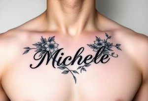 Design a tattoo for a man’s chest of a woman’s name Michelle to be placed over his heart. Make the tattoo tasteful and elegant. Incorporate Irish wildflowers tattoo idea