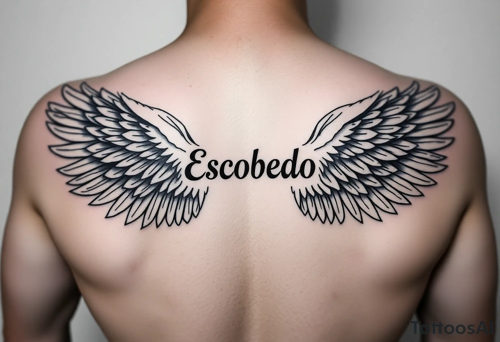 "Large, feathered wings of either an angel or falcon, designed in a strong, dynamic style. The wings should begin below the name 'Escobedo' and extend outward across the upper back, curving under the name without touching it. The feathers should be detailed, symbolizing strength and freedom." tattoo idea