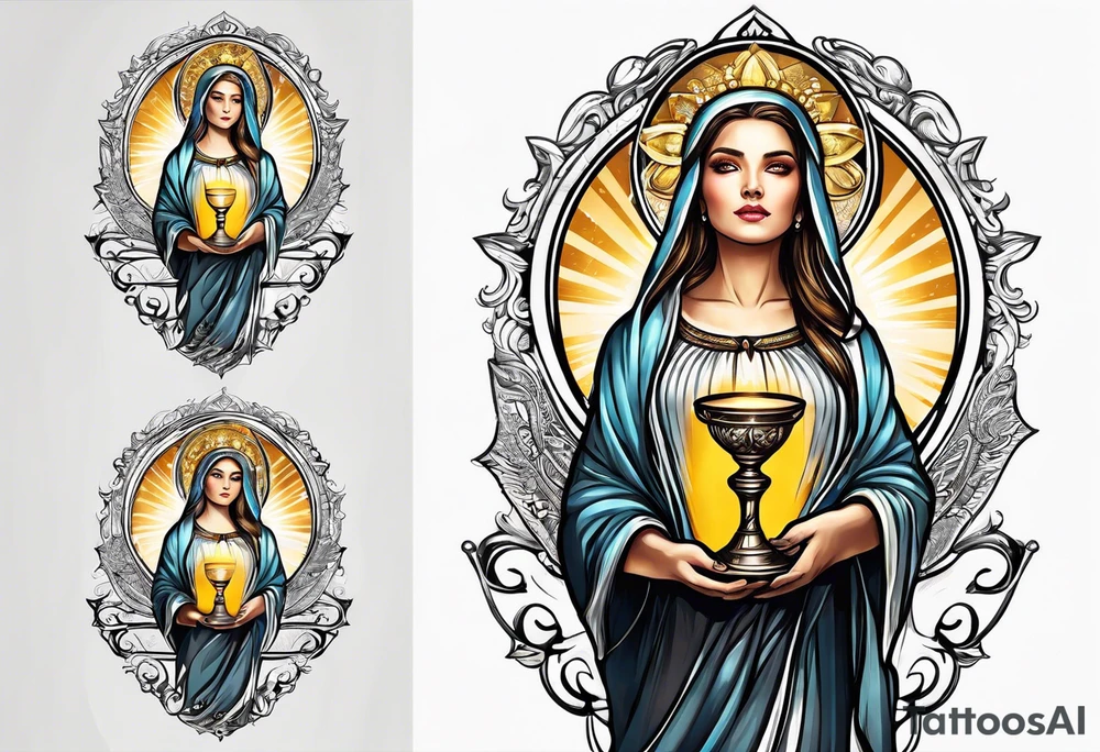 woman saint holding chalice surrounded by golden halo tattoo idea