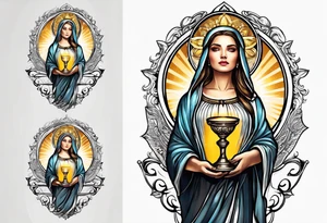 woman saint holding chalice surrounded by golden halo tattoo idea