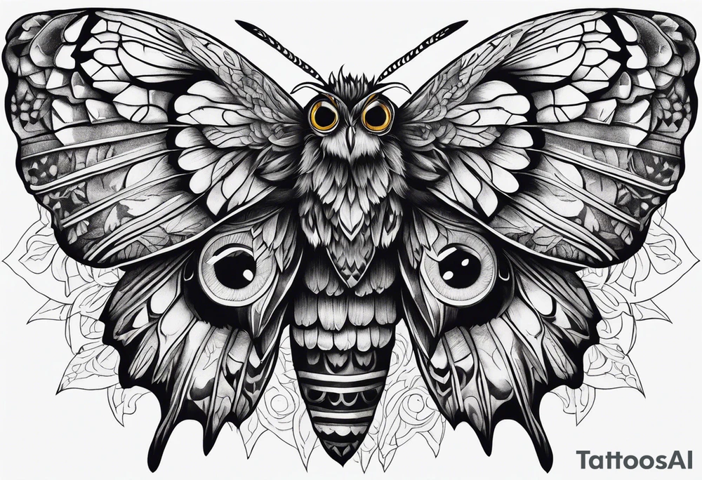 Dead head moth with long wings and owl eyes tattoo idea