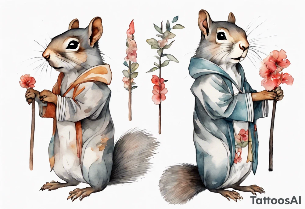 a sad grey squirrel dressed in a tunic holding a large shimmering stick tattoo idea