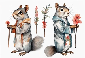a sad grey squirrel dressed in a tunic holding a large shimmering stick tattoo idea