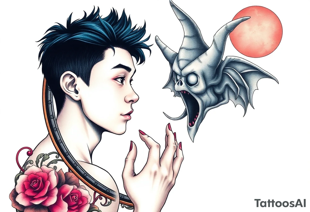 Handsome Asian young guy is looking in cursed mirror and see a witch tattoo idea