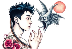 Handsome Asian young guy is looking in cursed mirror and see a witch tattoo idea