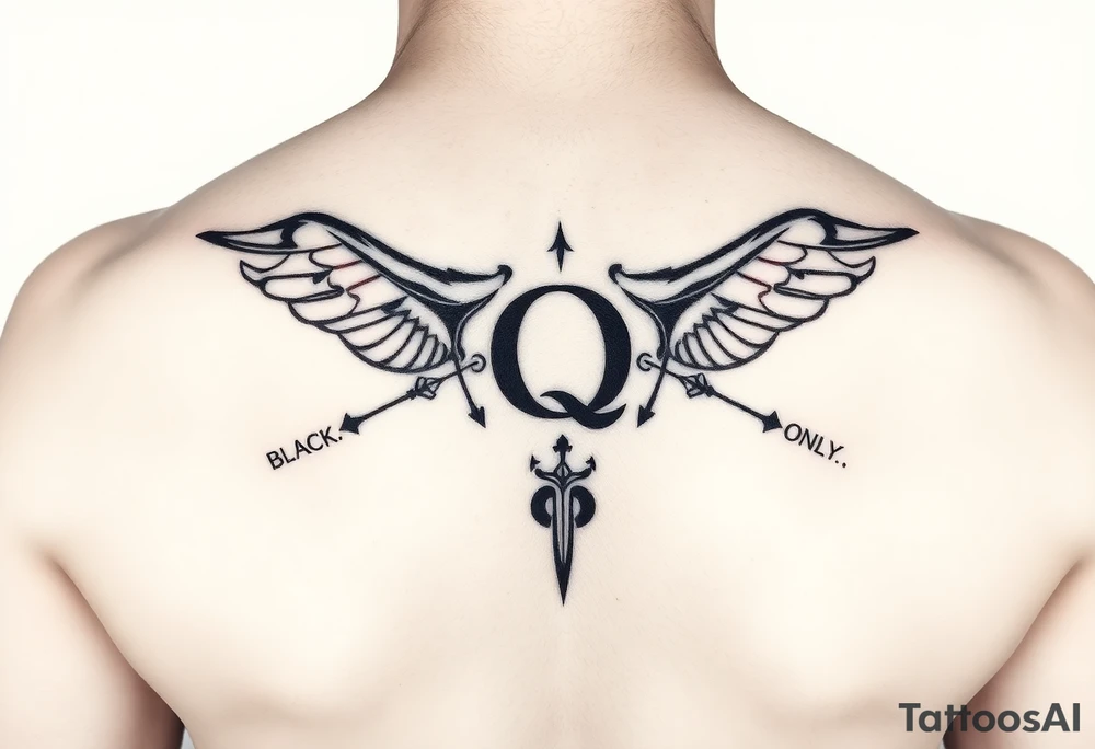 A womb tattoo with a Q in the center, with three points around the outside. The first reading, "BLACK". The second reading, "BABY". The third reading, "ONLY". tattoo idea
