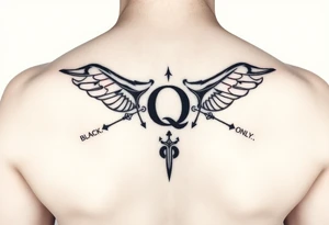 A womb tattoo with a Q in the center, with three points around the outside. The first reading, "BLACK". The second reading, "BABY". The third reading, "ONLY". tattoo idea