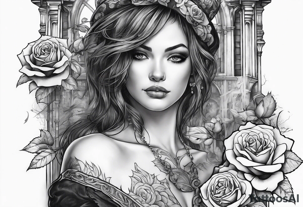 fool sleeve,, abandoned old gotic house, broken sword, roses, tattoo idea