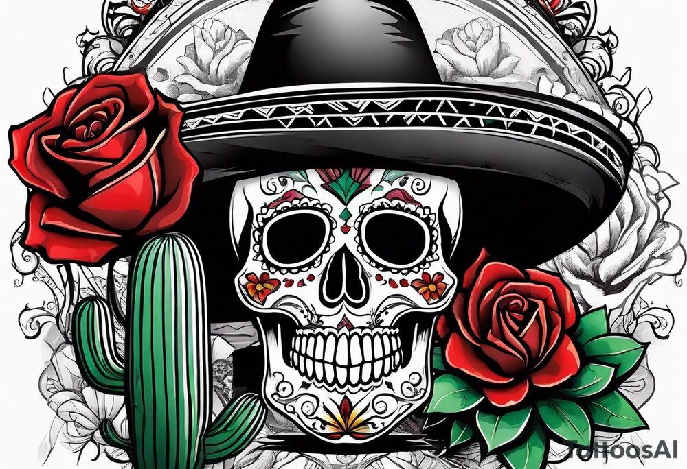 day of dead, red rose, Mexican hat,  cactus tattoo idea