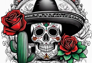 day of dead, red rose, Mexican hat,  cactus tattoo idea