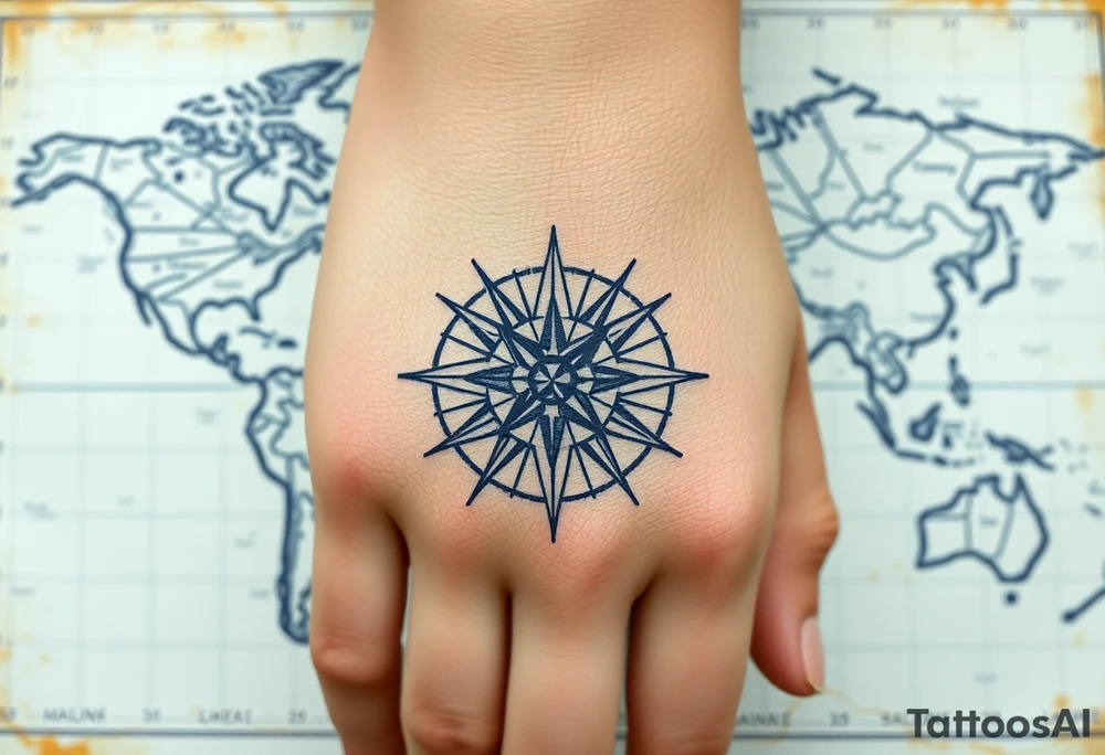 antique compass rose overlaid on weathered world map with sailing ships tattoo idea