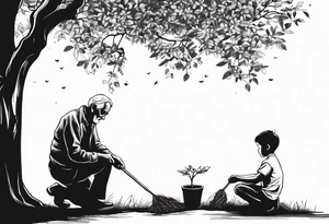 Old man planting a tree. Alongside a young boy playing under a full grown tree. they are not together tattoo idea