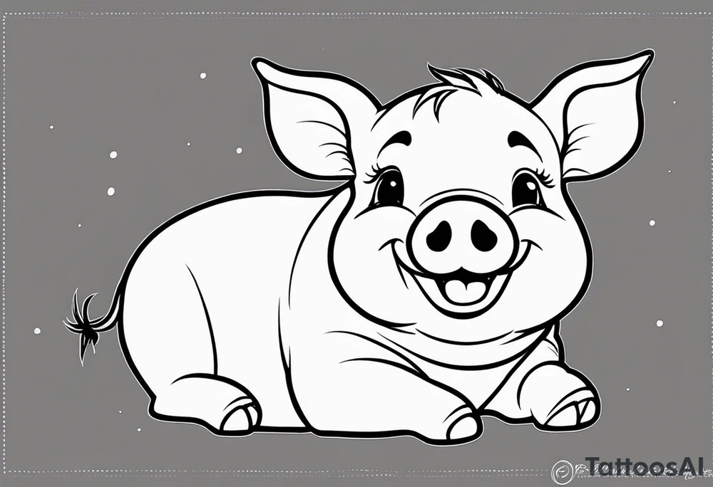 very cute chubby happy piglet.
outline only.
black and white only.
only show the piglet. no extra lines or decoration.
no black shading.
dont make the ears too big.
draw very thin lines tattoo idea