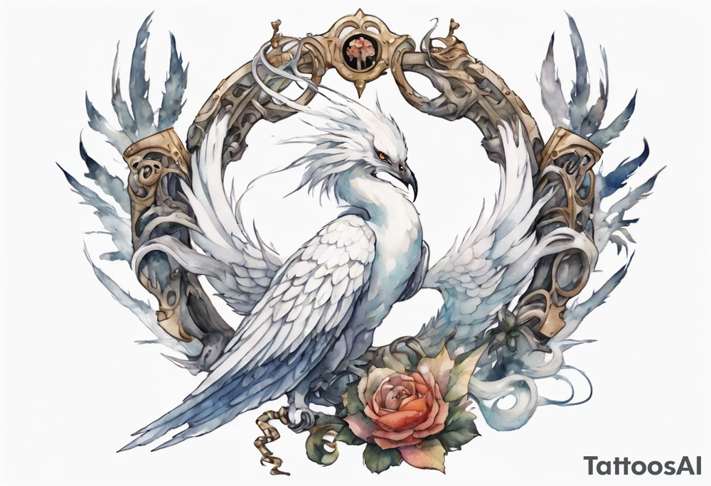 a white bird-serpent hybrid, holding an iron crown in her talons tattoo idea