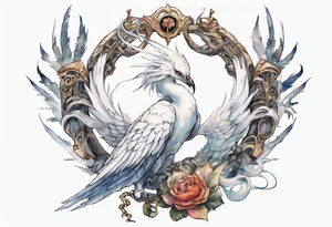 a white bird-serpent hybrid, holding an iron crown in her talons tattoo idea