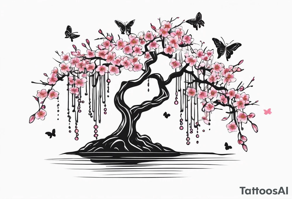 Cherry blossom weeping willow with butterflies and cocoons tattoo idea